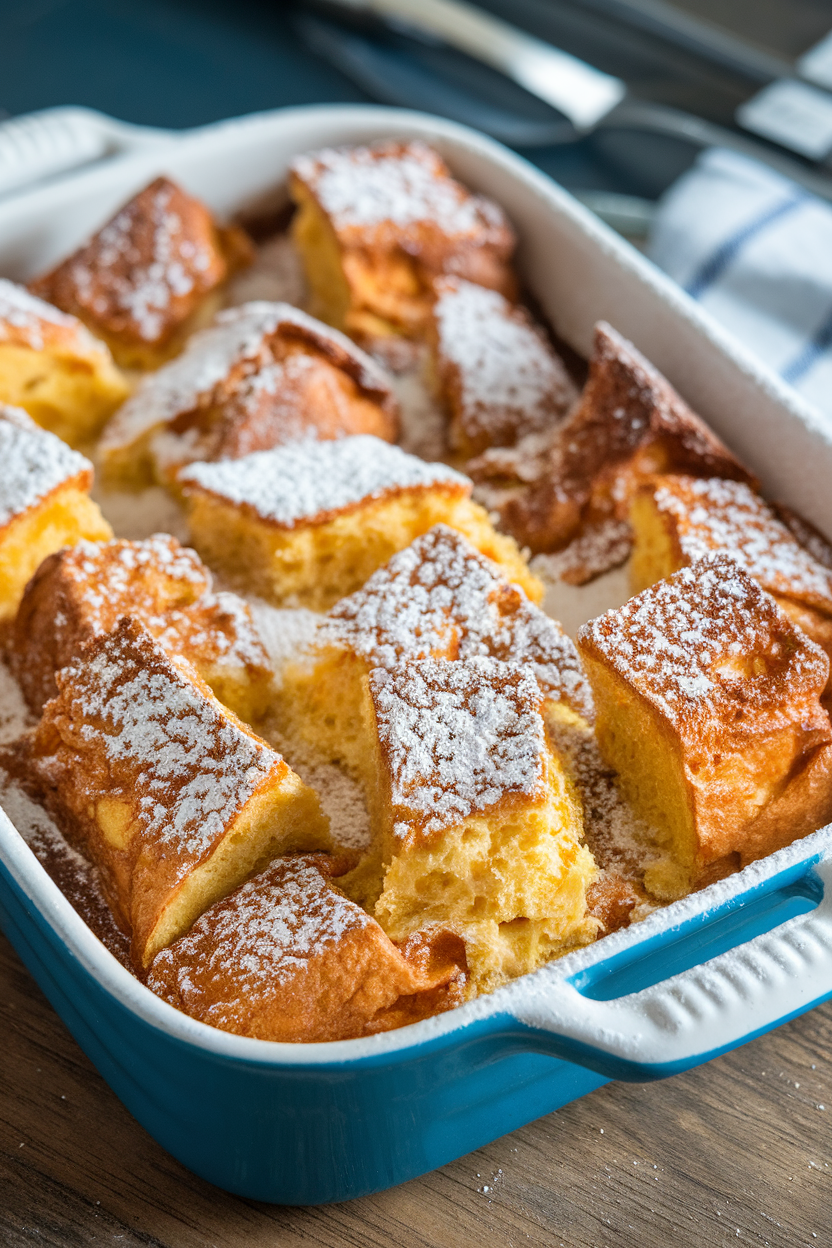 An indoor baking dish of golden French toast casserole made with panettone cubes, powdered sugar sprinkled, photo, no text or logos.