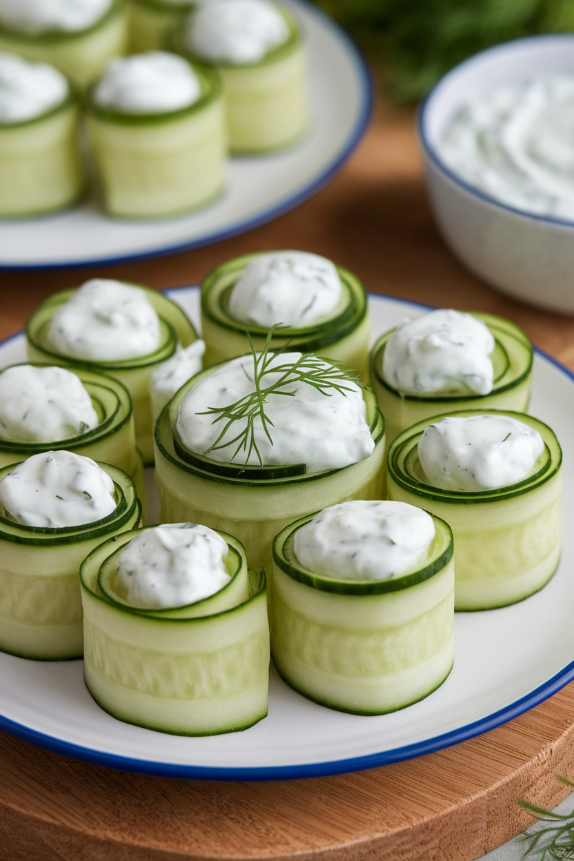 Indoor plate showing thin cucumber ribbons rolled around dollops of thick tzatziki sauce—photo, no text or logos.
