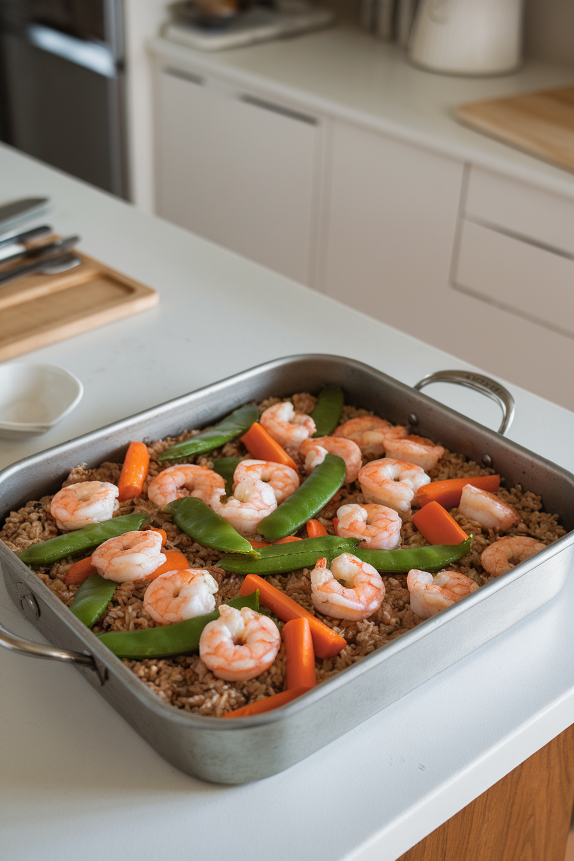 Indoor kitchen island with a shallow baking dish containing cooked shrimp, brown rice, snap peas, and carrots glazed in a light soy-ginger sauce, steam visible. No logos or text.