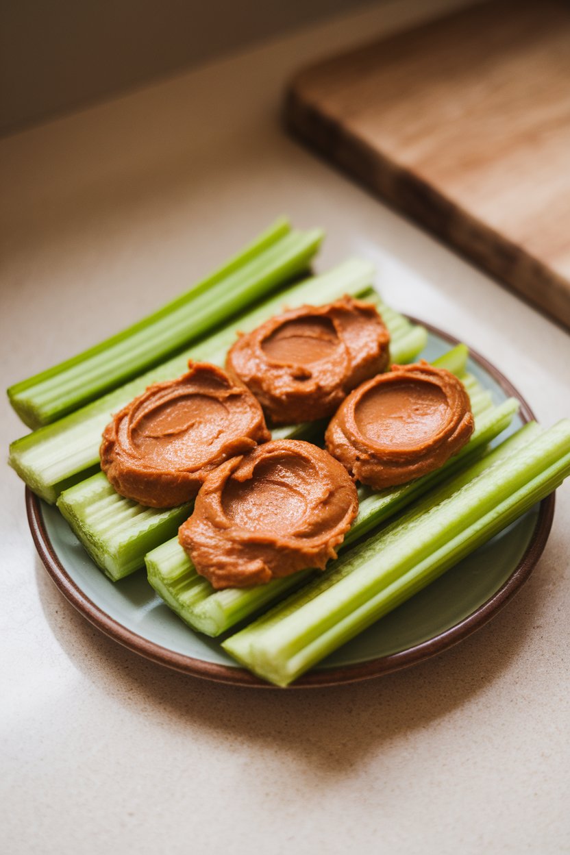 An indoor countertop with crunchy celery stalks spread with natural peanut butter, arranged neatly on a small plate. No text or logos. Photo.