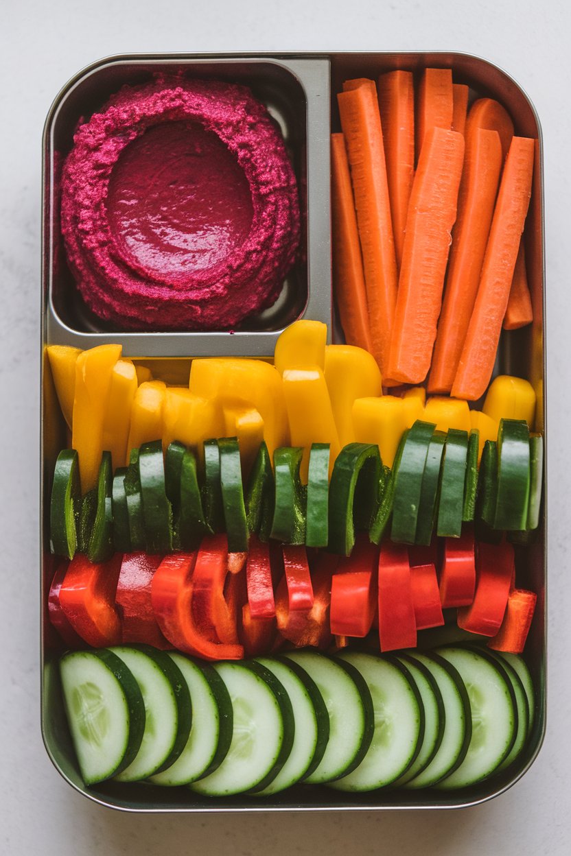 An indoor lunchbox tray containing rows of bell pepper strips, cucumber coins, carrot sticks, and a compartment of colorful beet hummus. No text or logos; photo only.