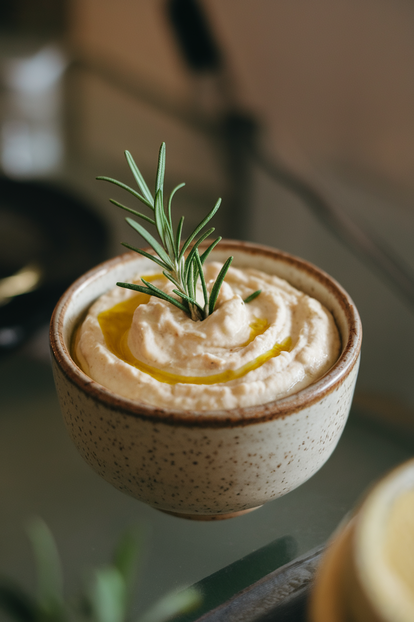 A small ceramic bowl of creamy white bean dip drizzled with olive oil and garnished with fresh rosemary sprigs on an indoor table. No text or logos. Photo.