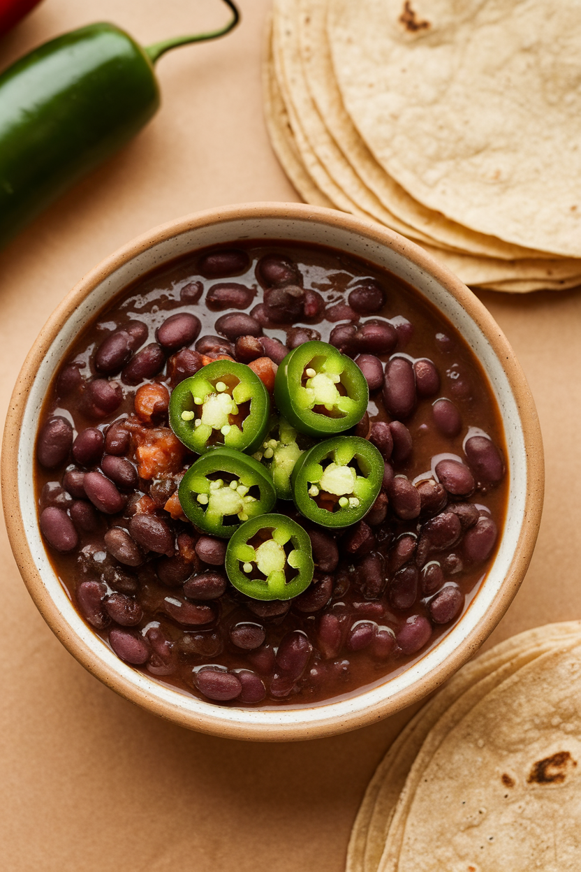 Indoor photo of a serving bowl of saucy black beans garnished with diced jalapeños, tortillas stacked nearby, no text or logos.