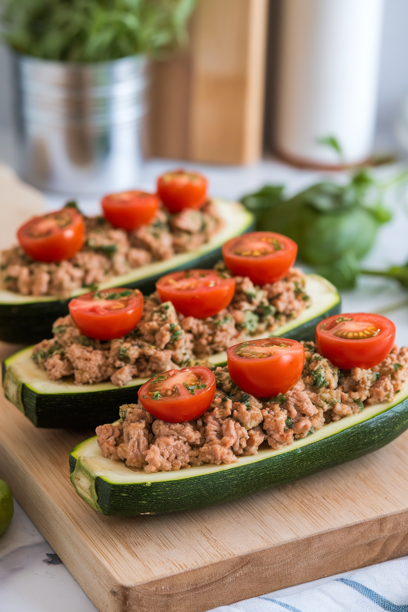 Indoor photo of zucchini halves filled with ground turkey mixed with basil pesto, cherry tomato halves on top, no text or logos.