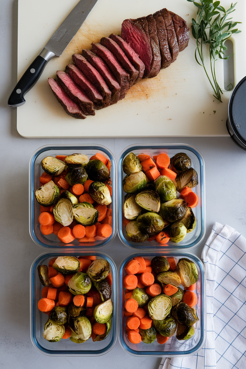 An indoor meal-prep station featuring sliced medium-rare steak and a medley of roasted Brussels sprouts and carrots in divided containers. No logos or text.
