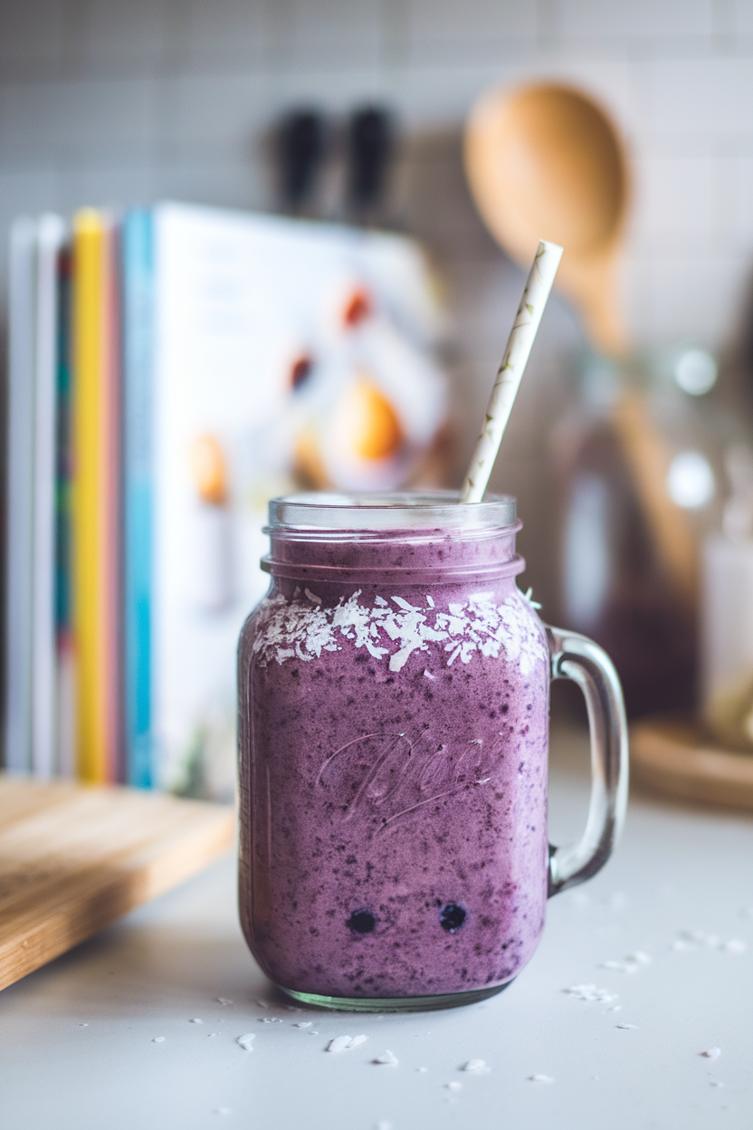 An indoor kitchen counter featuring a glass mason jar of vibrant purple blueberry coconut smoothie with a paper straw, no text or logos. Photo, not illustration.