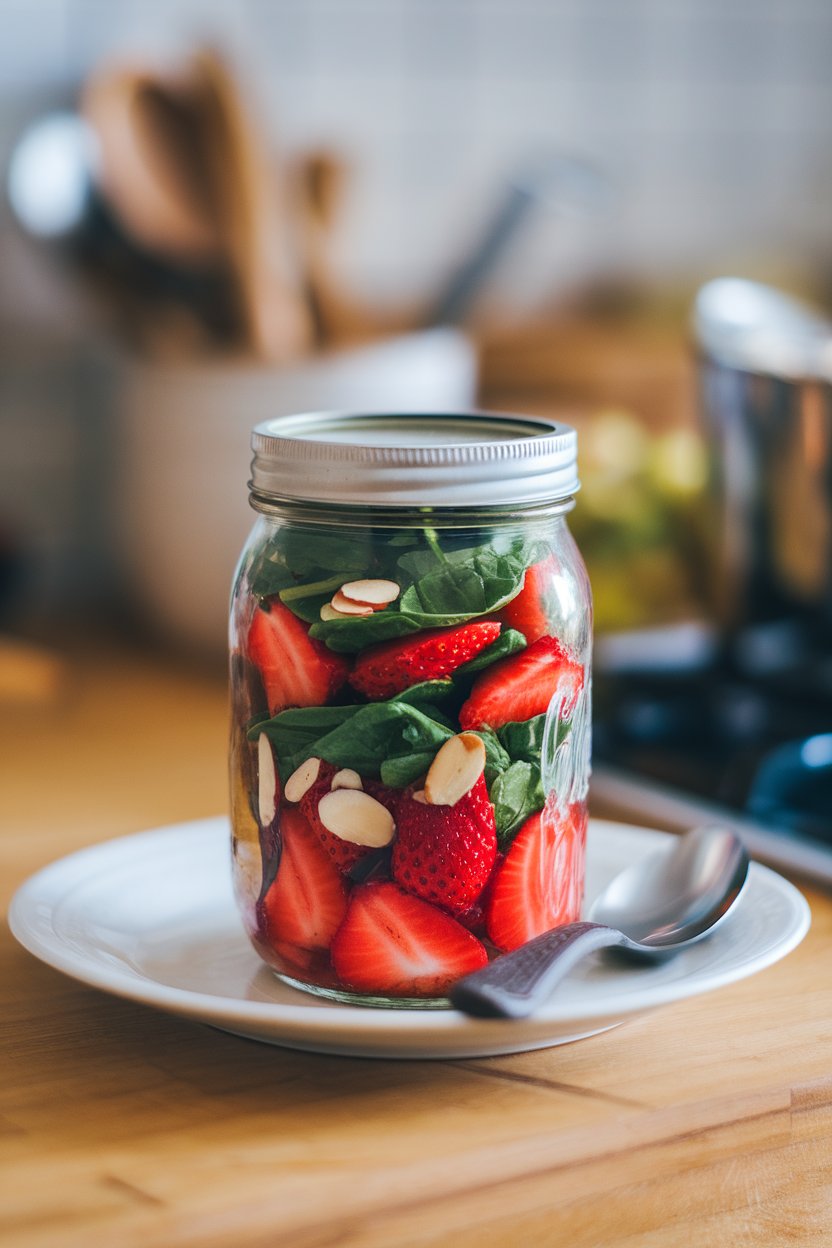 An indoor countertop with a layered mason jar salad of strawberries, spinach, sliced almonds, and vinaigrette at the bottom. Photo, no text or logos.
