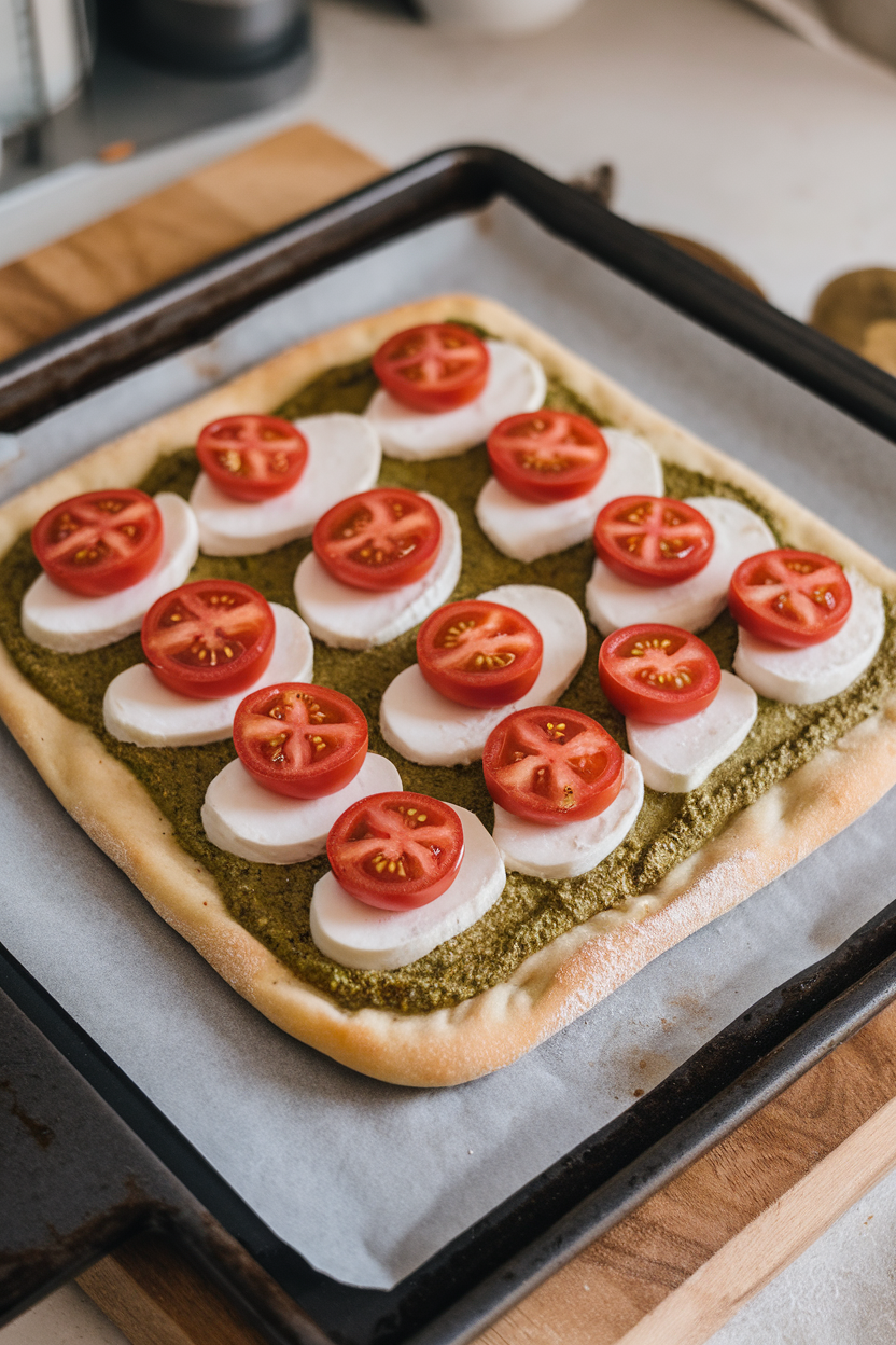 Indoor baking stone showing rectangular flatbread spread with pesto, mozzarella stripes, and cherry tomato “stars.” No text or logos.