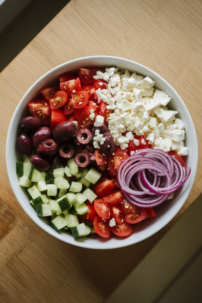 Indoor photo of a shallow white bowl filled with diced tomatoes, cucumbers, Kalamata olives, red onion ribbons, and crumbled feta, drizzled with a light vinaigrette; overhead angle, soft natural lighting, no text or logos