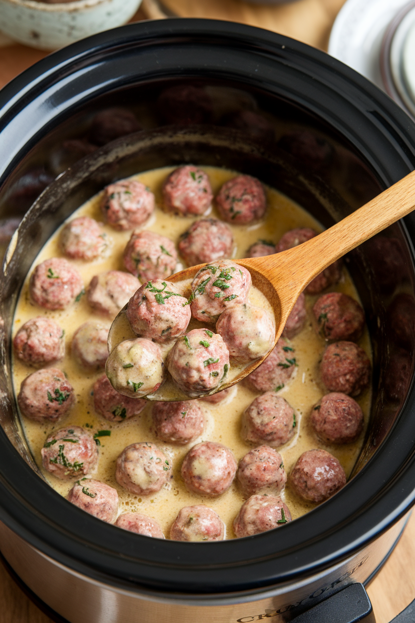 Indoor crockpot filled with small beef-pork meatballs coated in creamy gravy, a wooden spoon resting inside. No text or logos. Photo only.