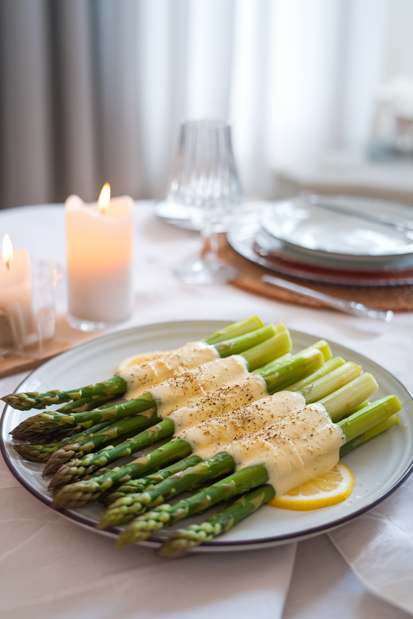 Indoor dining table showing bright green cooked asparagus spears drizzled with lemon butter and cracked pepper. No text or logos.