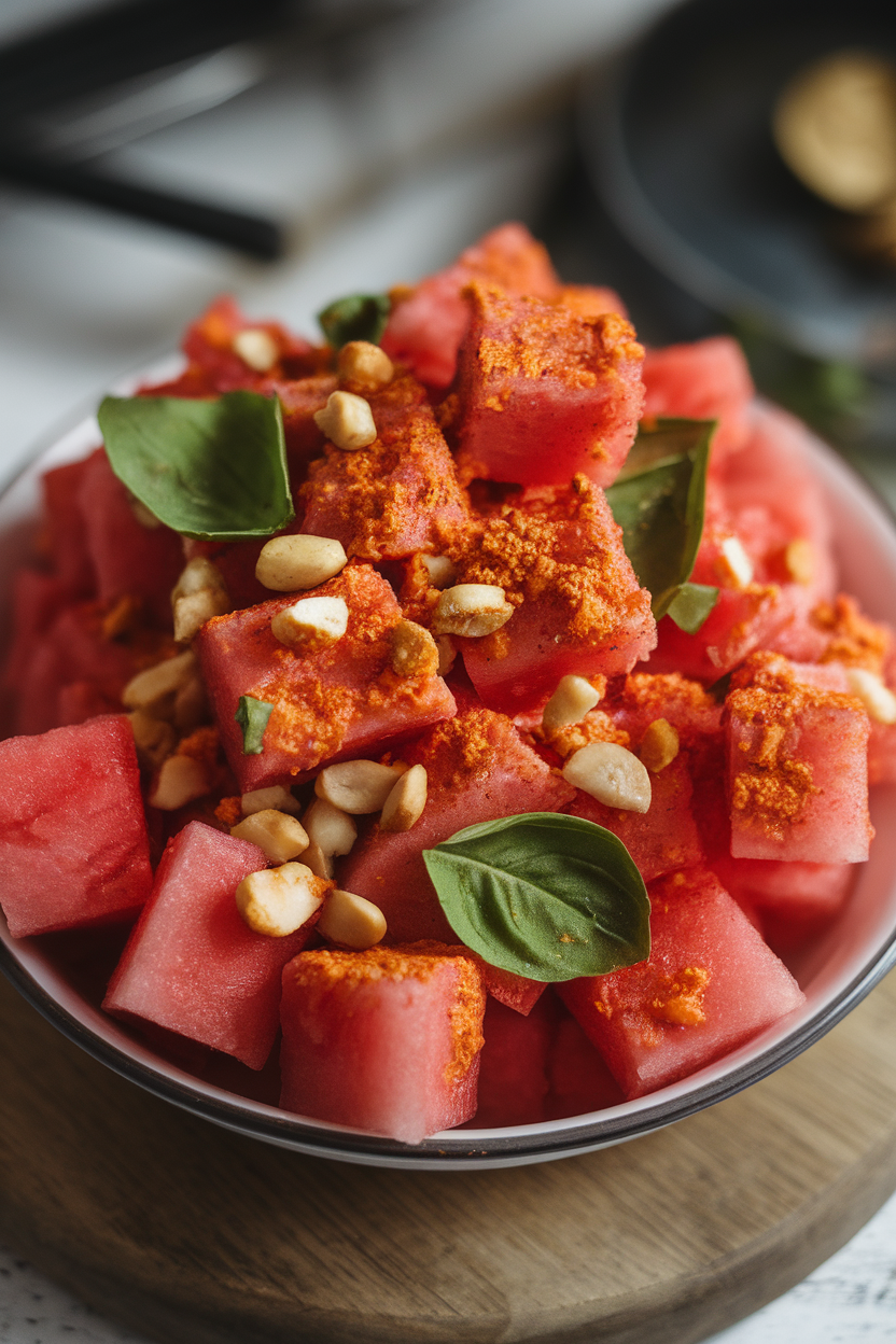 Photo prompt: An indoor bowl of cubed watermelon sprinkled with chaat masala, torn basil leaves, and roasted peanuts. No text or logos.