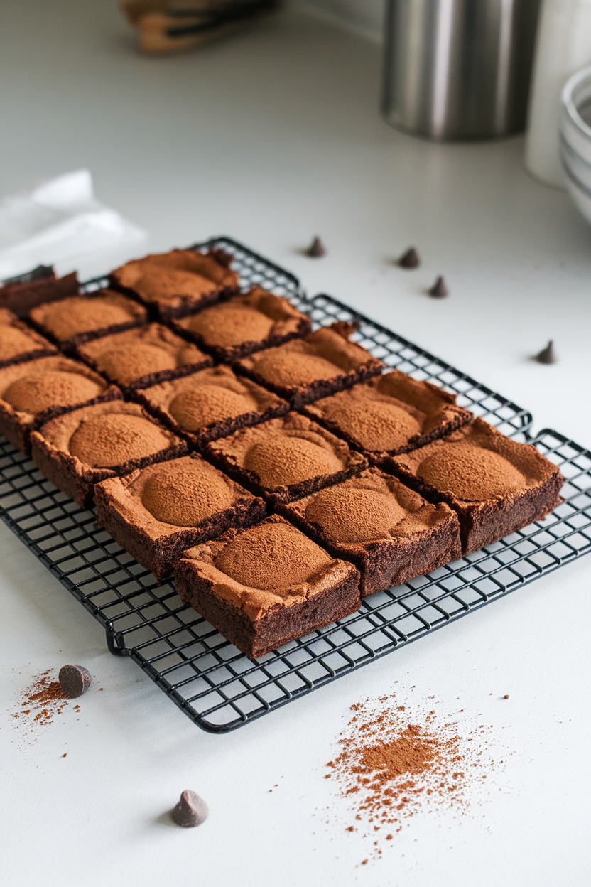 An indoor countertop scene with fudgy squares of sweet potato brownies on a cooling rack, cocoa dusted lightly on top—no text or logos; photo, not illustration
