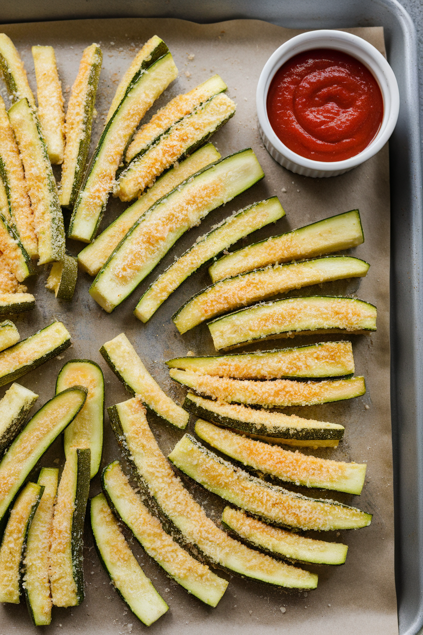 Indoor baking sheet lined with golden zucchini fries coated in Parmesan, served with a small ramekin of marinara. No text or logos. Photo, not illustration.