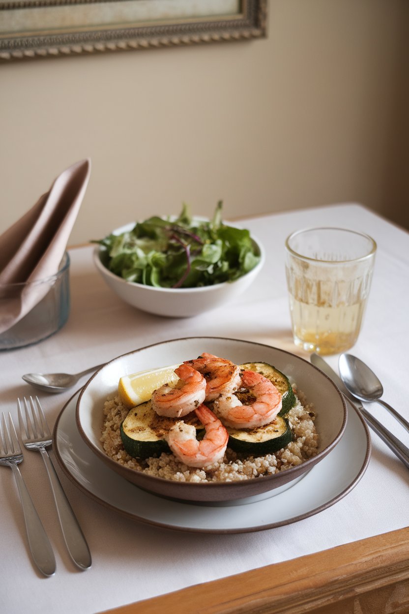 Indoor dinner table with a shallow bowl of cooked quinoa topped with seasoned grilled shrimp, roasted zucchini, and a lemon wedge. No text or logos. Photo.
