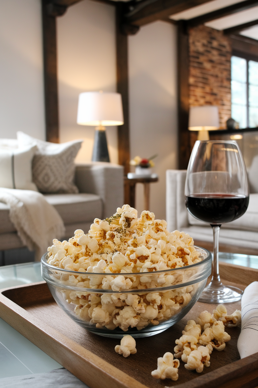 Indoor movie night scene with a bowl of air-popped popcorn drizzled with olive oil and sprinkled with dried herbs; no text or logos, photo style.