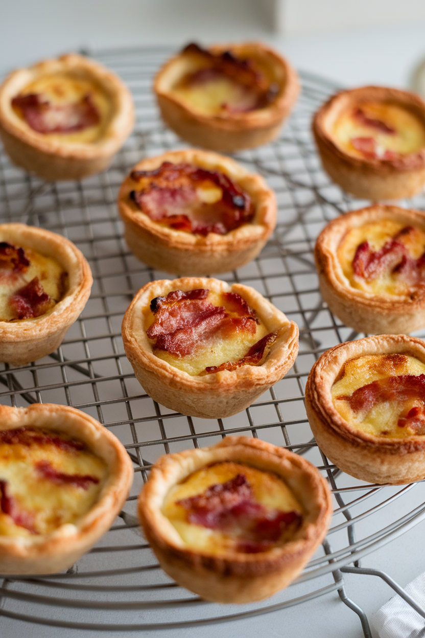 Indoor photo of tiny pastry quiches with browned tops on a wire rack, bits of bacon visible. No text or logos.