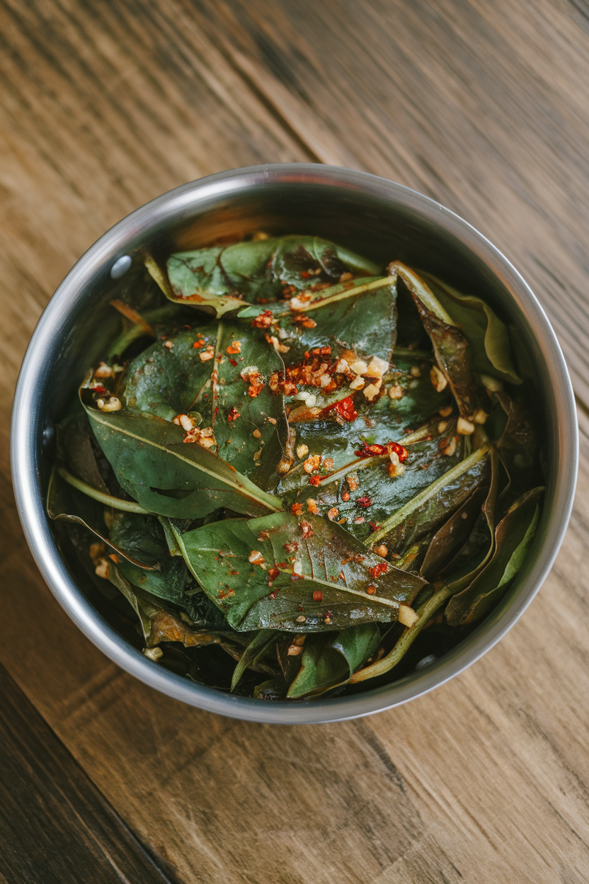 Photo prompt: A shallow indoor bowl of sautéed drumstick leaves with garlic bits and red chili flakes. No text or logos.