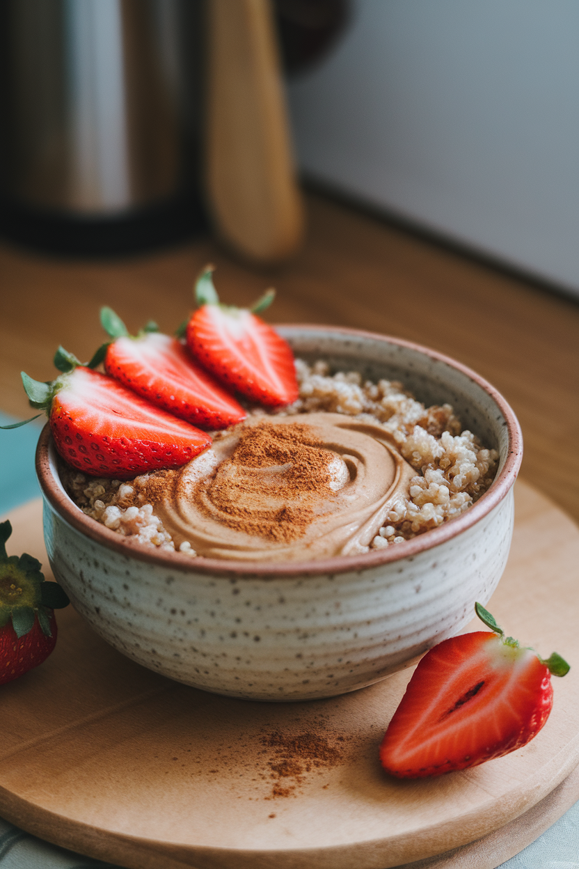 Photo of a ceramic bowl indoors filled with warm quinoa, a swirl of almond butter, sliced strawberries, and a sprinkle of cinnamon. No branding or text in view.