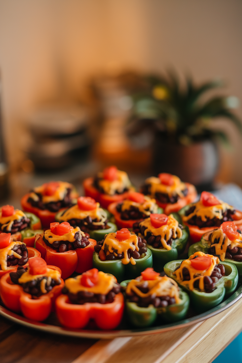 An indoor tray of halved mini bell peppers topped with black beans, melted cheese, and diced tomatoes. Warm light, no logos or text.