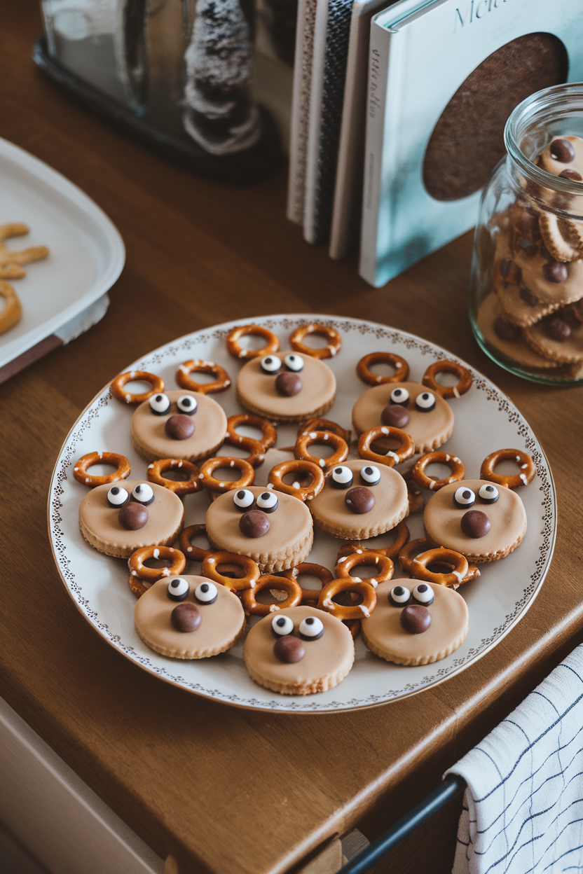 Indoor kitchen table with peanut butter cookies decorated as reindeer faces using pretzel antlers and chocolate candies. No text or logos.