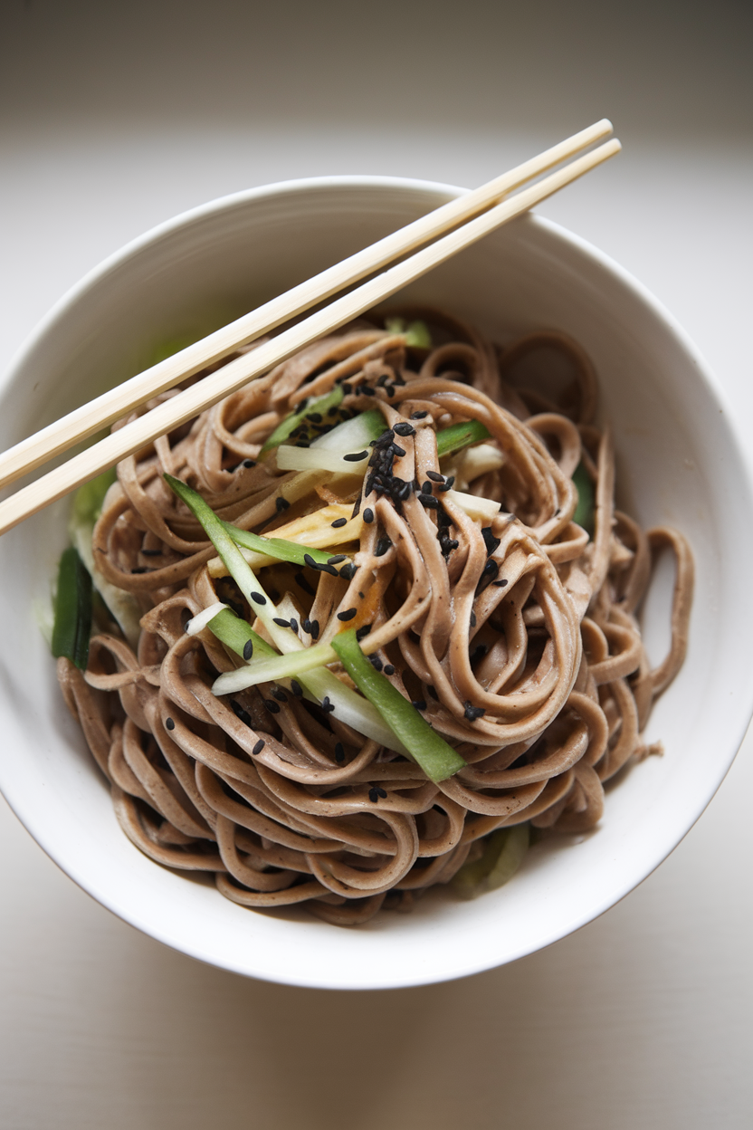 An indoor bowl of chilled buckwheat soba noodles tossed with julienned veggies and black sesame seeds, chopsticks resting on top. No text or logos anywhere.