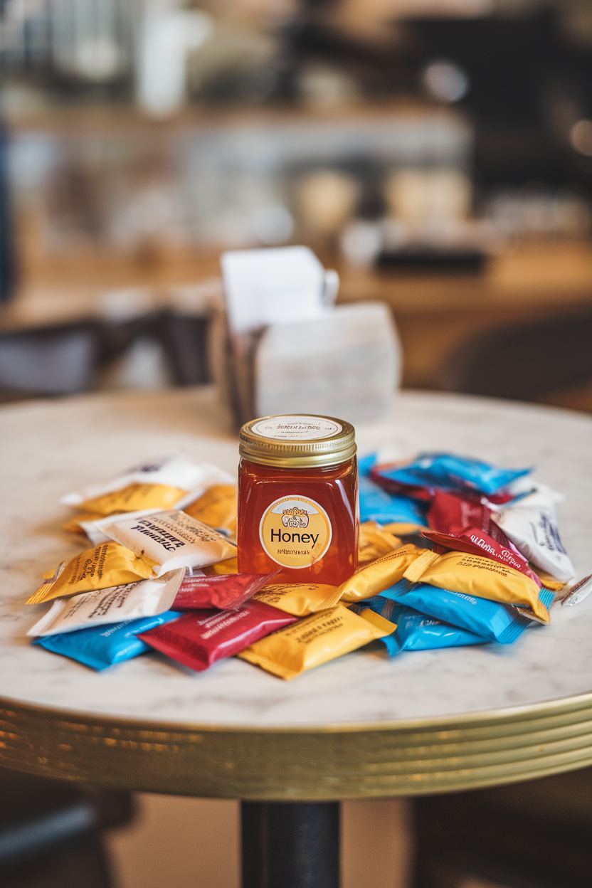 Indoor photo of colored packets of artificial sweeteners pushed aside on a café table, with a small honey jar centered; no text or logos.