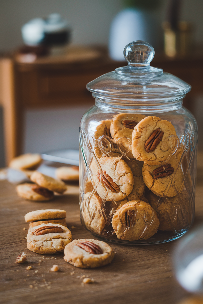 An indoor cookie jar holding round, lightly cracked pecan cookies, some crumbs nearby—no text or logos; photo, not illustration
