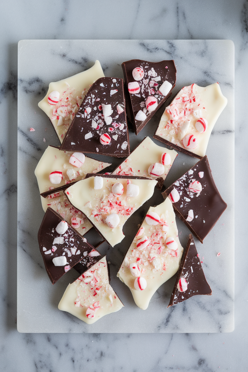 Indoor photo of broken shards of dark and white chocolate peppermint bark on a marble slab; no text or logos