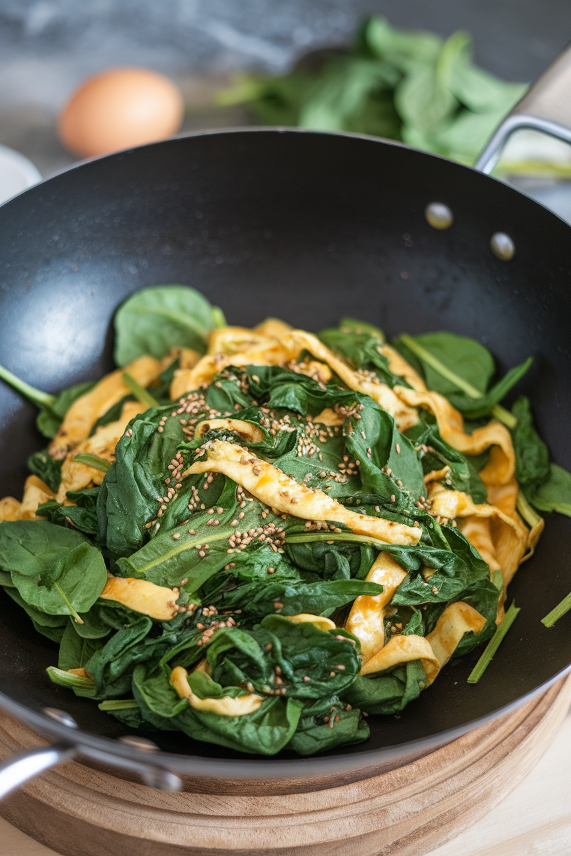 Indoor wok photo of bright green spinach leaves tossed with ribbons of scrambled egg and sesame seeds. No text or logos.