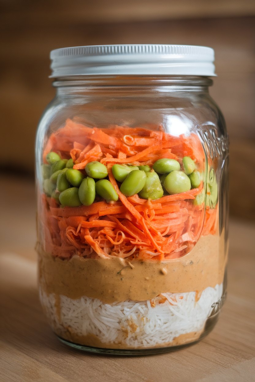 Indoor close-up of a glass jar layered with rice noodles, shredded carrots, edamame, and peanut sauce; even lighting, no text or logos.