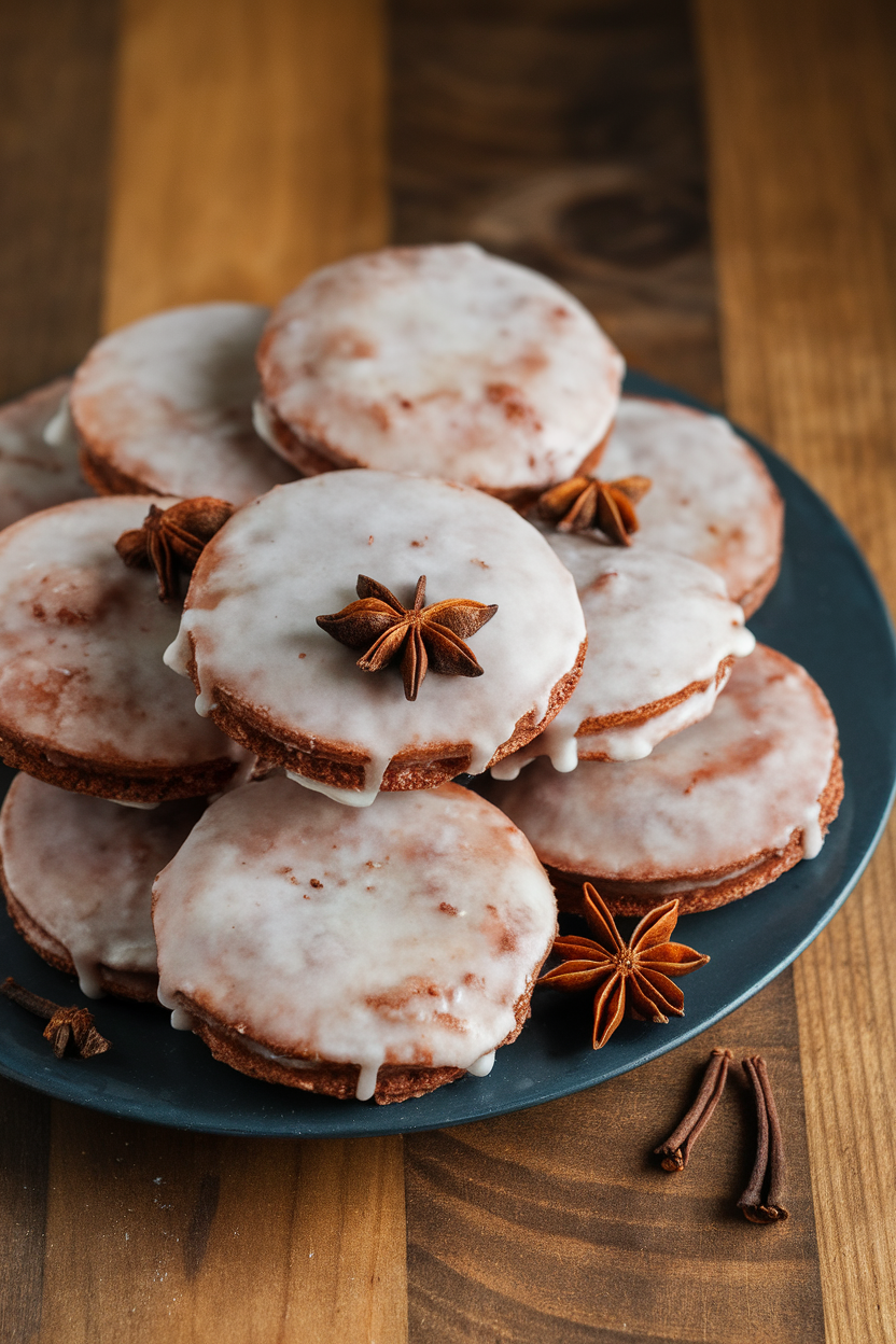 Indoor platter of round lebkuchen cookies coated with thin white glaze, cloves and star anise decor nearby. Photo, no text or logos.