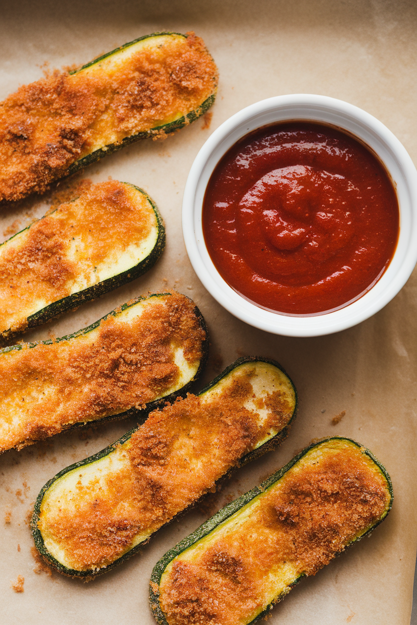 Indoor photo of breaded zucchini sticks on parchment with a small ramekin of marinara. No text or logos.