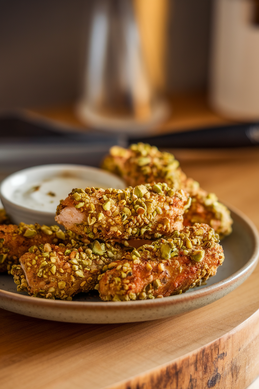 Plate of baked chicken tenders coated in green pistachio crumbs with yogurt dipping sauce, indoor light, no text or logos.