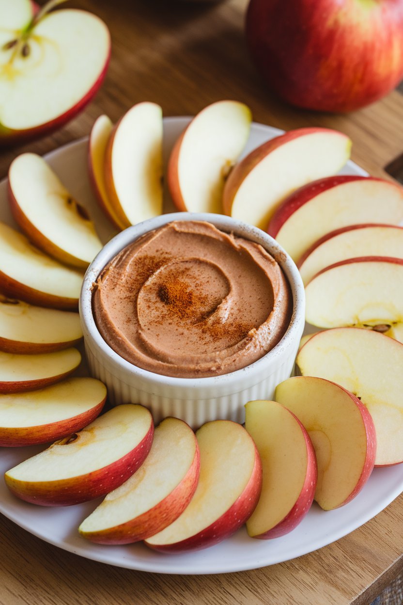 An indoor snack plate featuring crisp apple wedges arranged around a small ramekin of almond butter, cinnamon sprinkled on top. No text or logos.