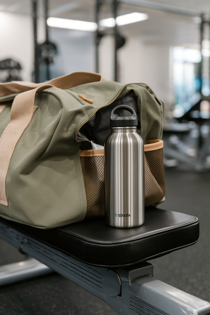 Indoor gym bag open on a bench revealing a double-walled stainless water bottle, no branding.