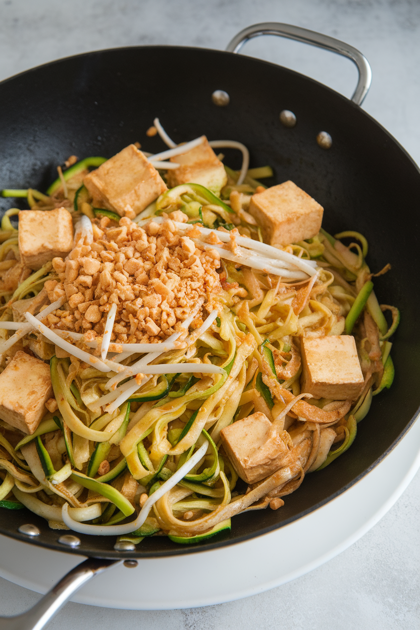 Photo of zucchini noodle pad Thai with tofu cubes, bean sprouts, and crushed peanuts, indoor wok shot. No text or logos.</Prompt