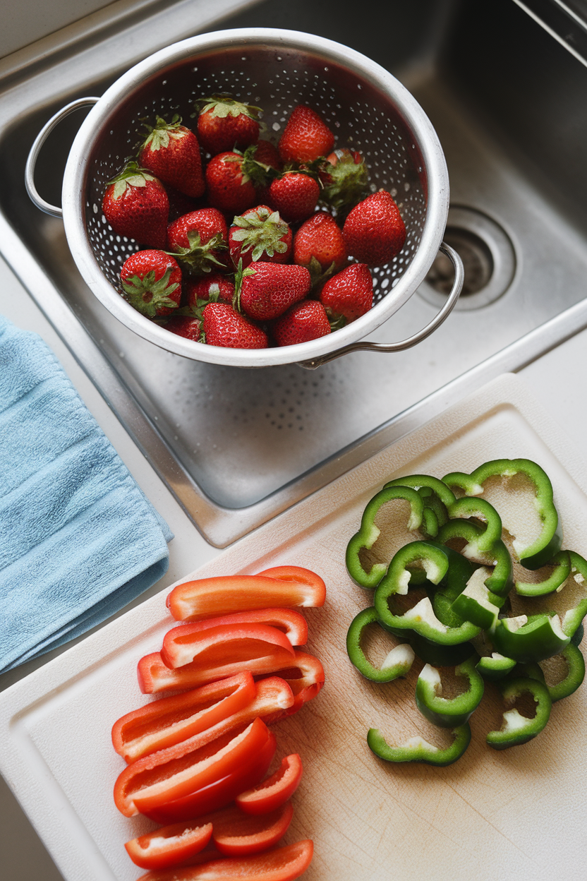 Photo of an indoor sink area with freshly washed strawberries draining in a colander and sliced bell peppers on a cutting board. No text or logos.