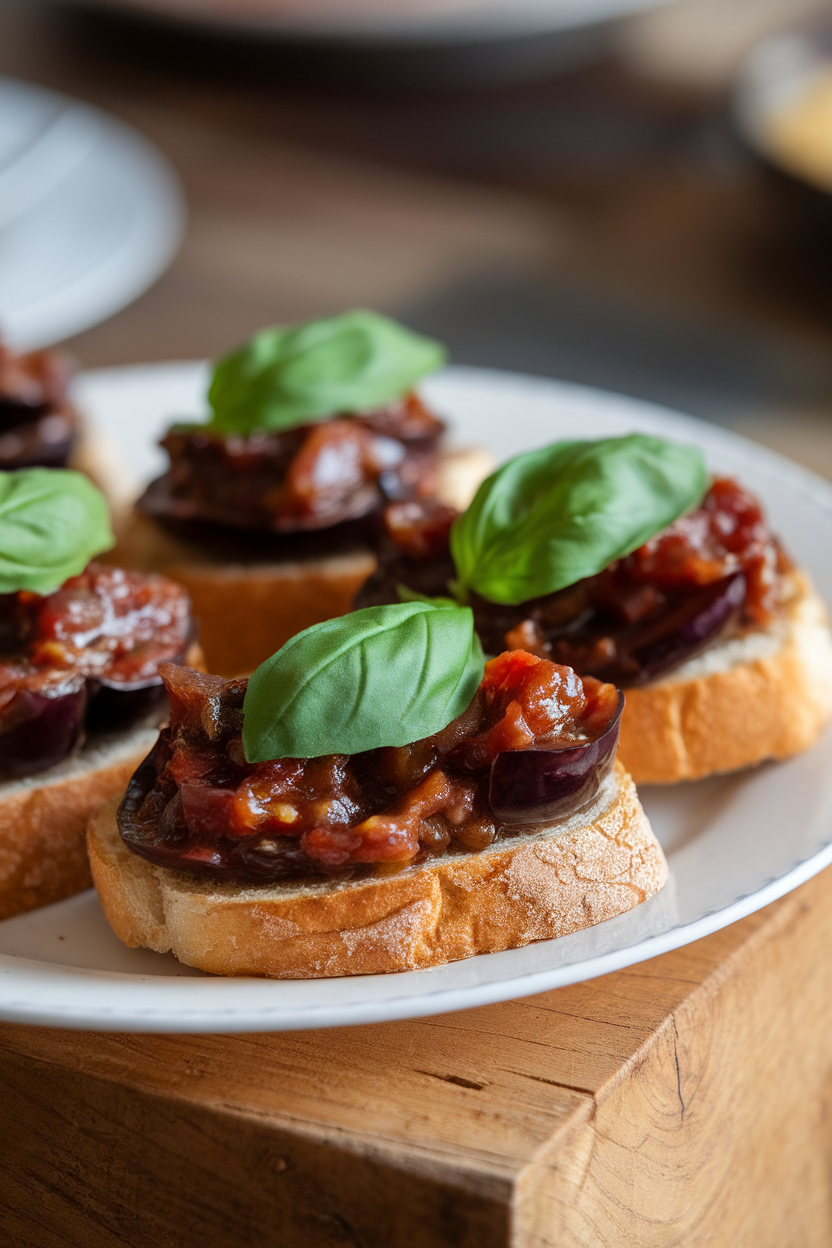 Photo of an indoor plate featuring crostini topped with glossy eggplant caponata, garnished with basil. No text or logos anywhere.
