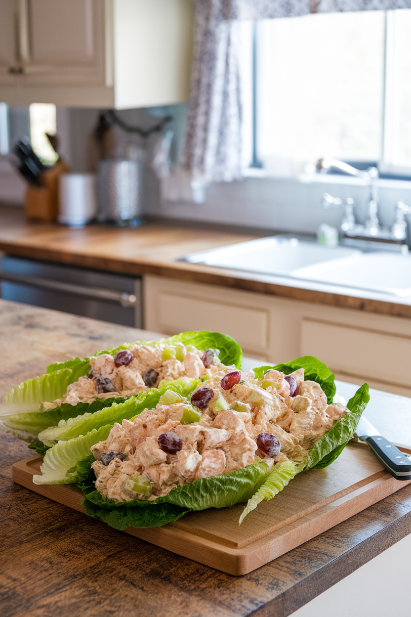 An indoor kitchen island showcasing crisp romaine leaves filled with creamy chicken salad dotted with grapes and celery. Photo, no text or logos.