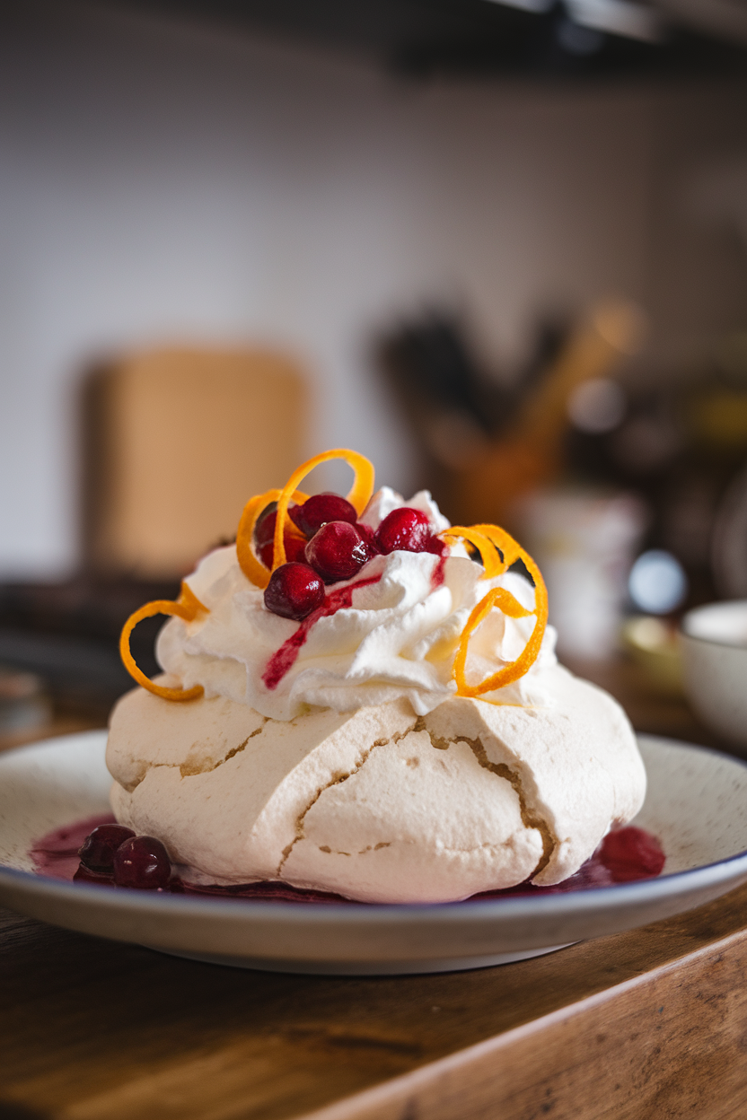 Indoor dessert plate with a crisp white pavlova topped with whipped cream, cranberry compote, and orange zest ribbons; no logos. Photo, not illustration.