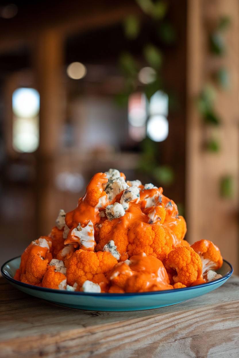 Indoor appetizer plate stacked with cooked cauliflower florets coated in orange buffalo sauce, blue cheese crumbles sprinkled. No text or logos.