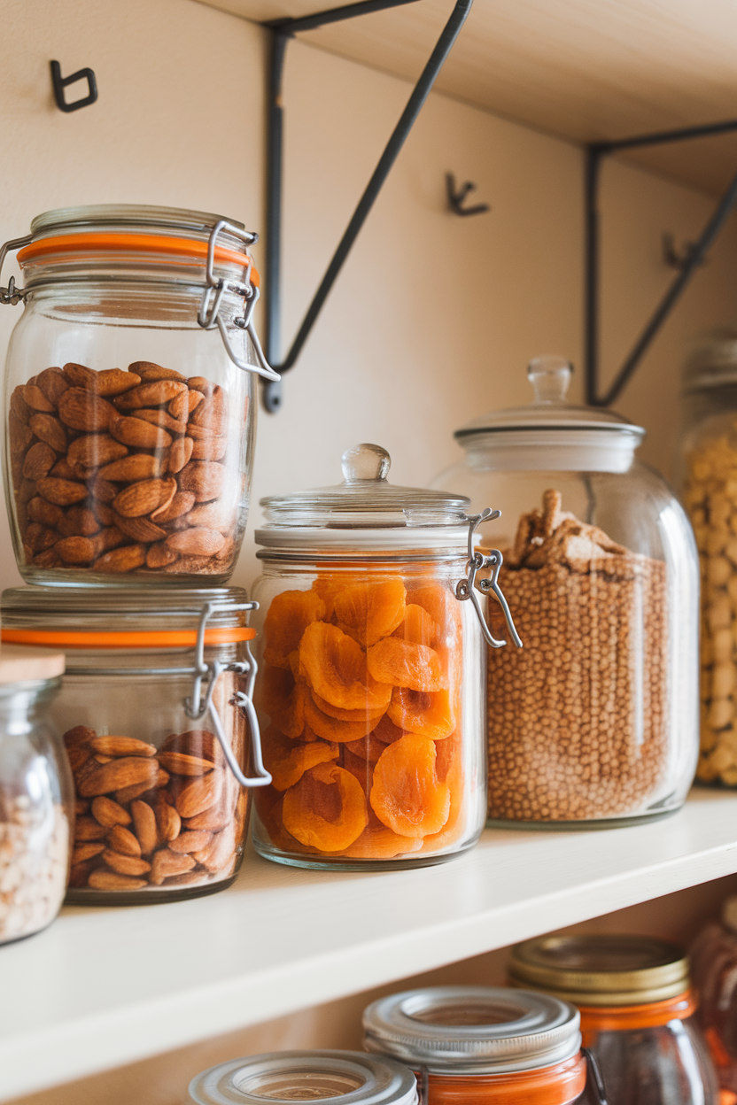 An indoor pantry shelf with glass jars of almonds, dried apricots, and whole-grain crackers at eye level—photo, no text or logos.