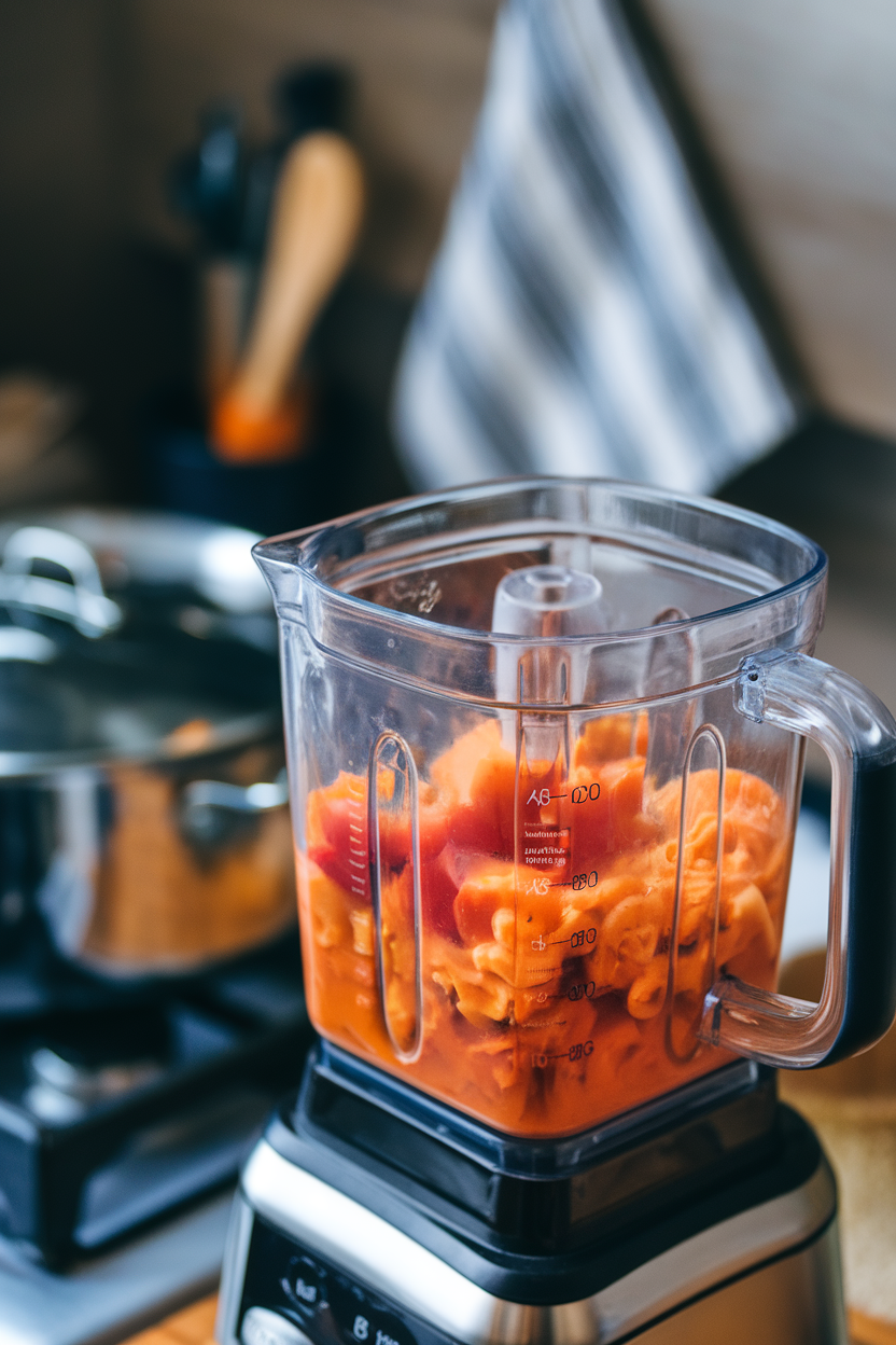 A blender filled with cooked carrots and tomatoes creating a smooth orange pasta sauce on a stovetop indoors; no text or logos; photo