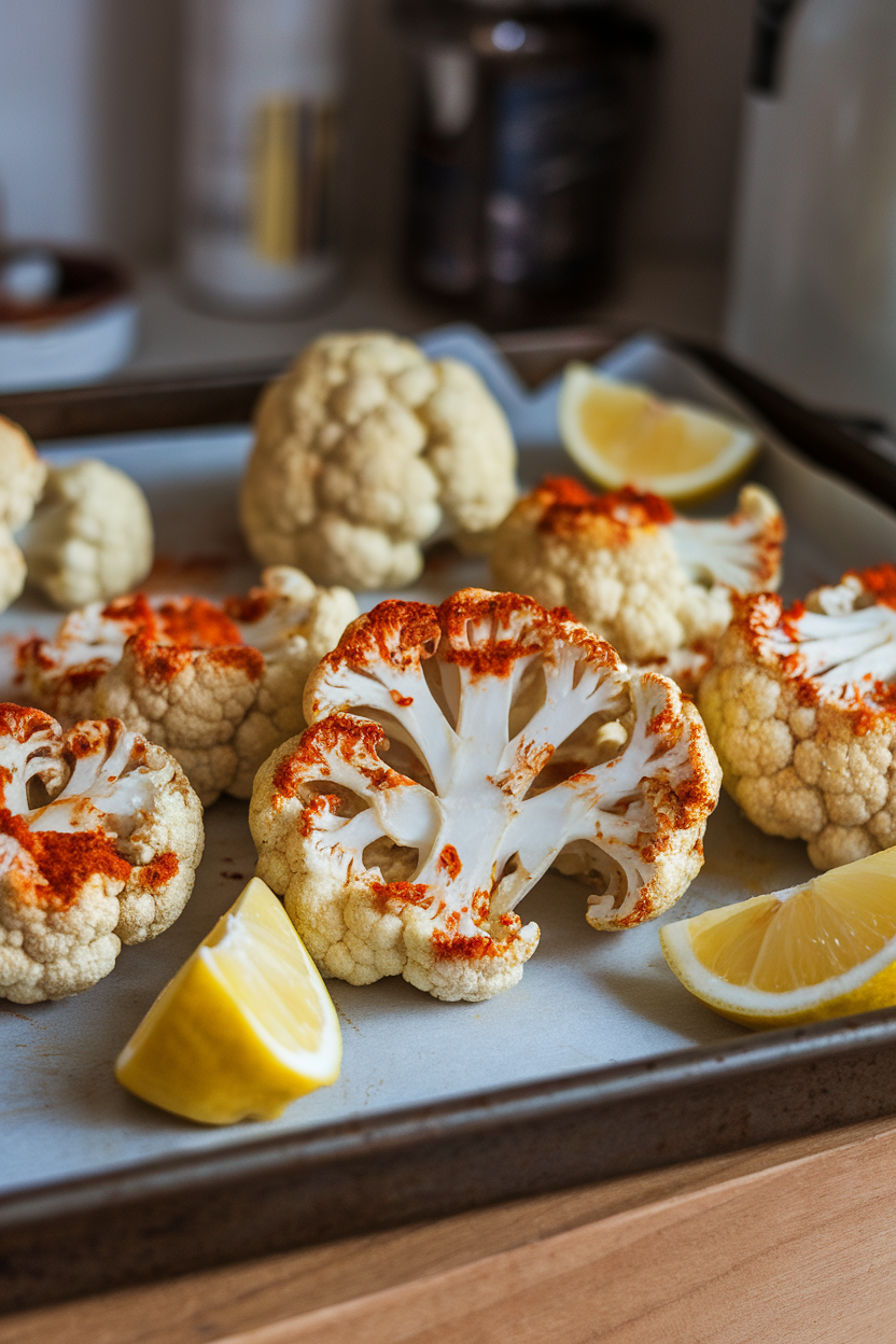 An indoor baking tray with thick cauliflower slices coated in red harissa paste, roasted until edges are charred, lemon wedges alongside. No text or logos visible. Photo.