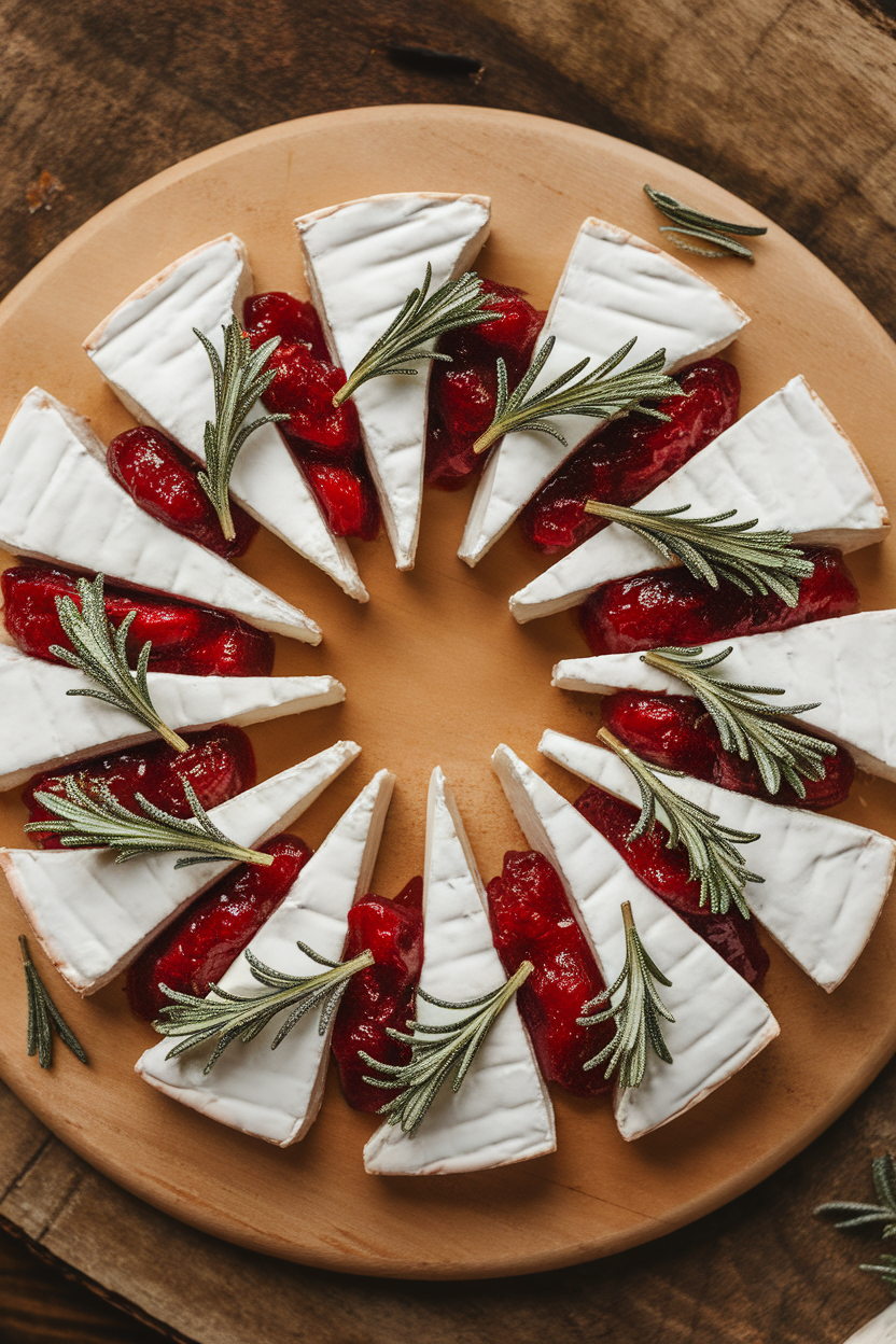 Indoor overhead photo of a circular board lined with Brie wedges arranged like a wreath, dollops of cranberry sauce in between, and sugared rosemary sprigs for garnish; no text or logos