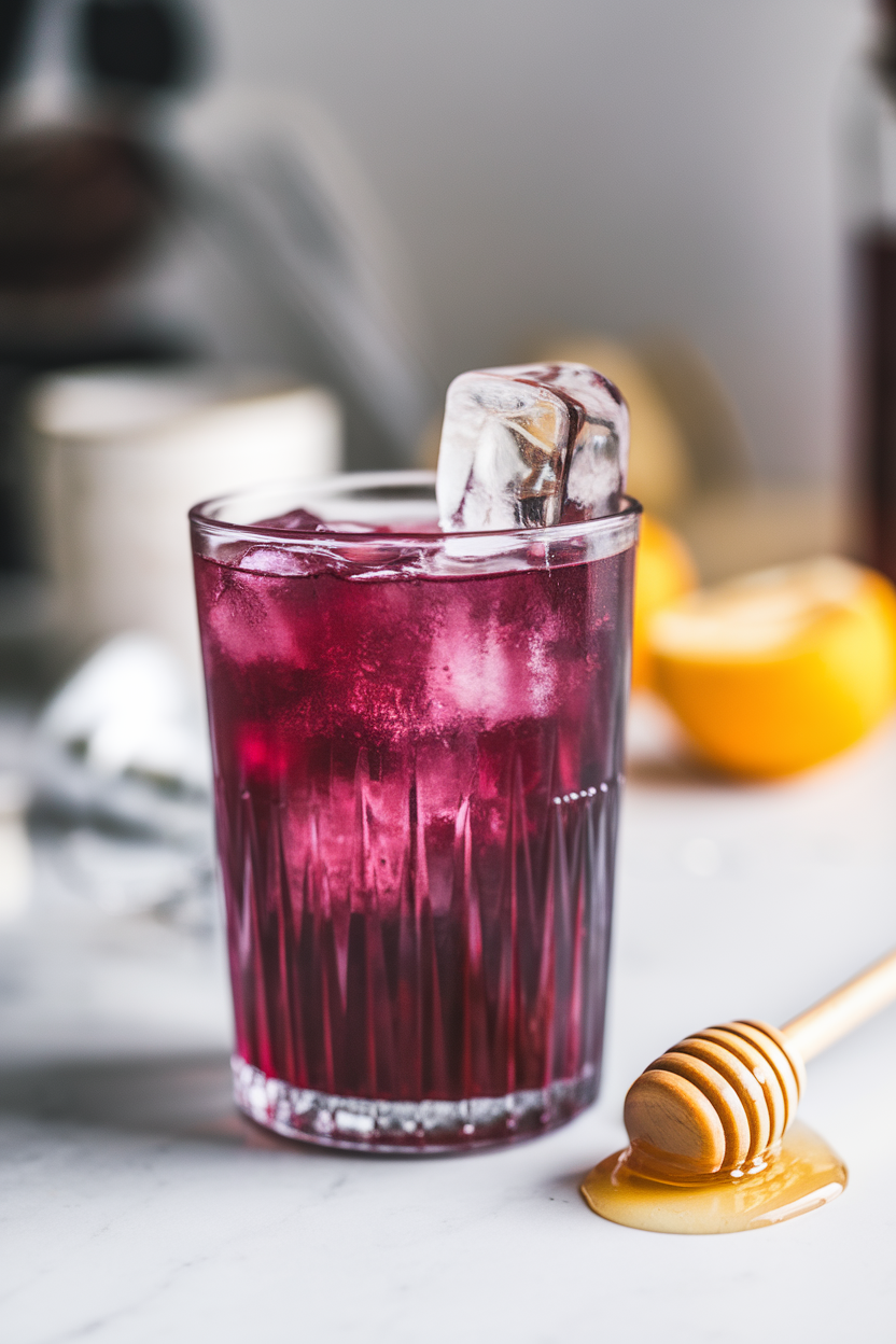 Indoor photo of a tall glass with deep magenta hibiscus mocktail, clear ice spear, honey dipper resting nearby; no text or logos.</p