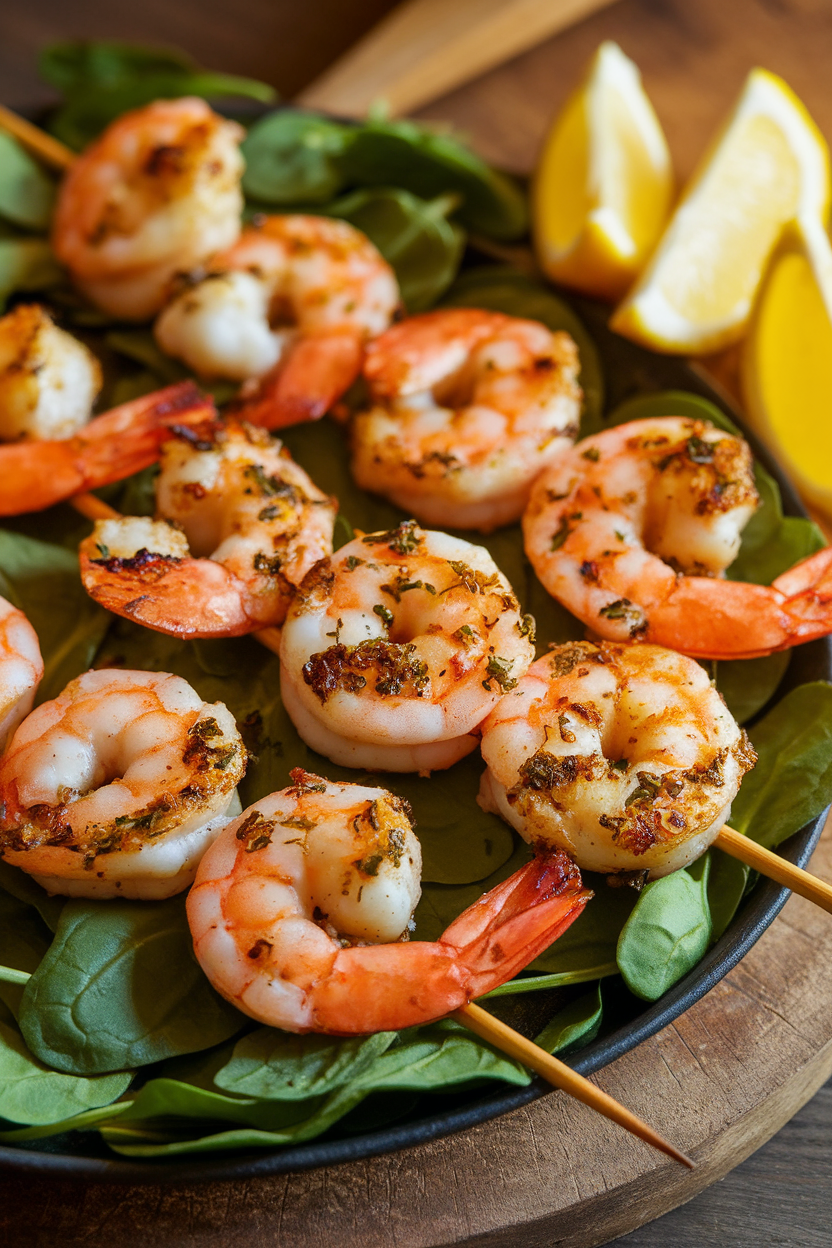 An indoor grill-pan platter of cooked shrimp skewers brushed with citrus herb marinade, lemon wedges on side. Photo, no text or logos.