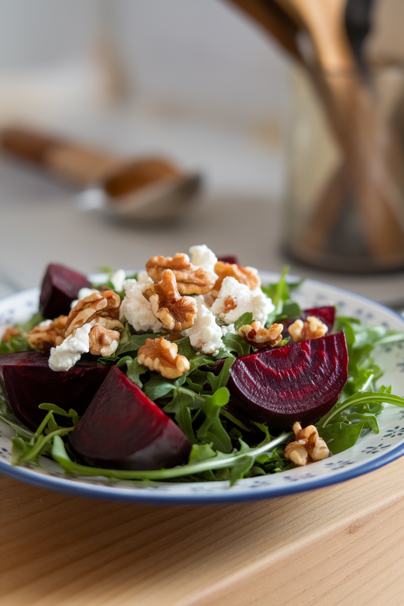 Indoor salad plate with roasted beet wedges, arugula, crumbled goat cheese, and chopped walnuts; no text or logos, photo style.