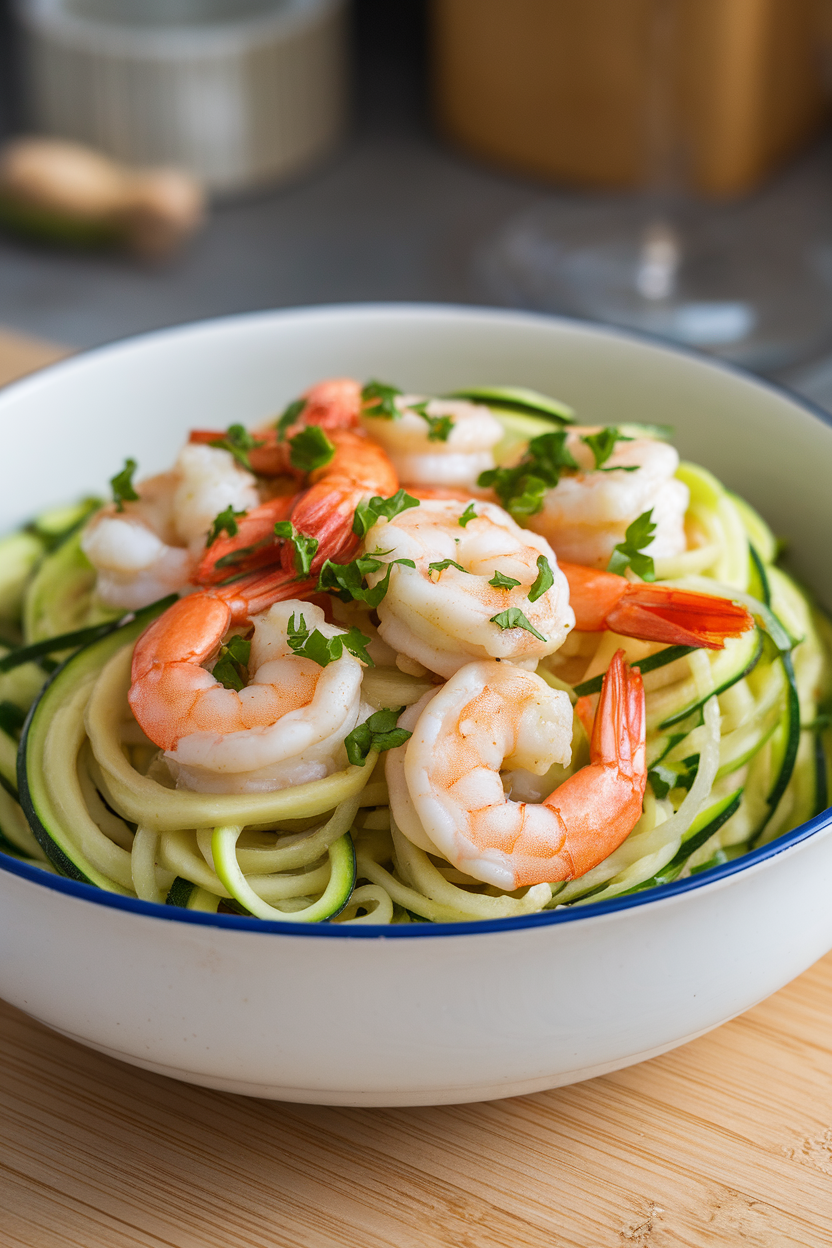 Photo of a white bowl piled with zucchini noodles and sautéed shrimp glistening with garlic butter, parsley sprinkled over. Indoor scene, no text or logos.</Prompt